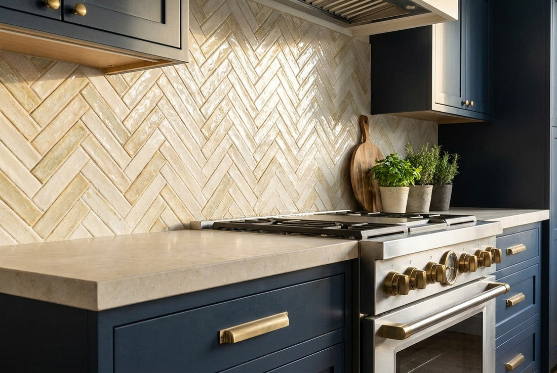 Fully renovated US kitchen with a herringbone tile backsplash in cream and gold tones, navy blue cabinetry, and brass hardware behind a stone countertop and range
