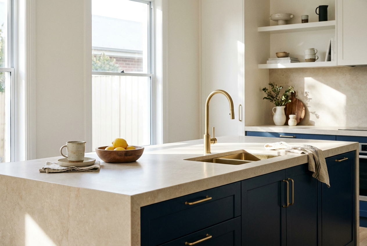 Modern Australian kitchen island with a pale stone benchtop and waterfall edge, navy cabinetry and brushed brass handles