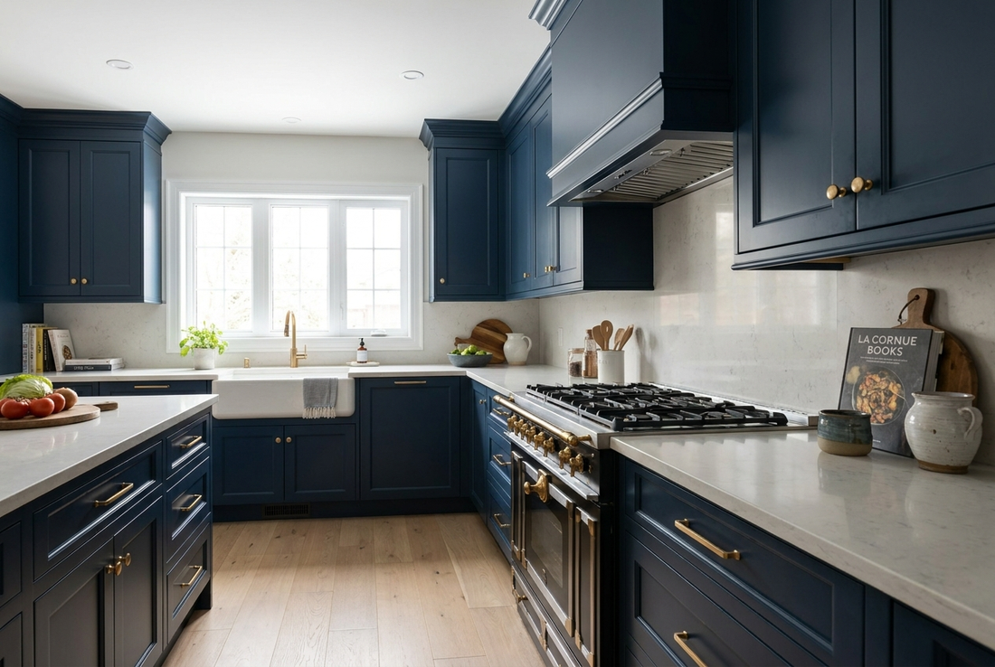 Fully renovated Canadian kitchen with navy custom cabinetry, brass hardware, and pale quartz countertops