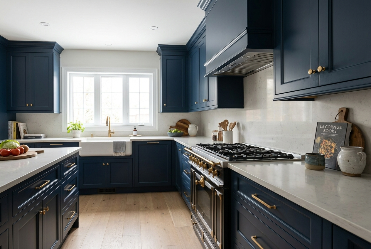 Fully renovated Canadian kitchen with navy custom cabinetry, brass hardware, and pale quartz countertops
