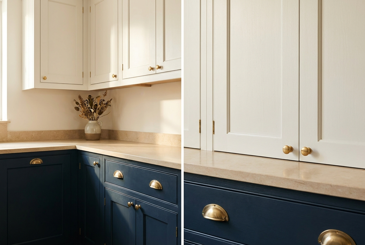 Navy shaker kitchen cabinets with brushed brass cup pulls and knobs and a pale stone countertop