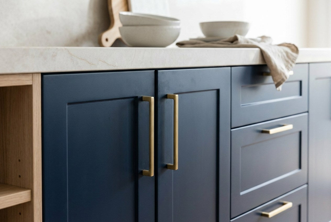 Navy two-pack kitchen cabinetry with brushed brass bar handles and a pale stone benchtop