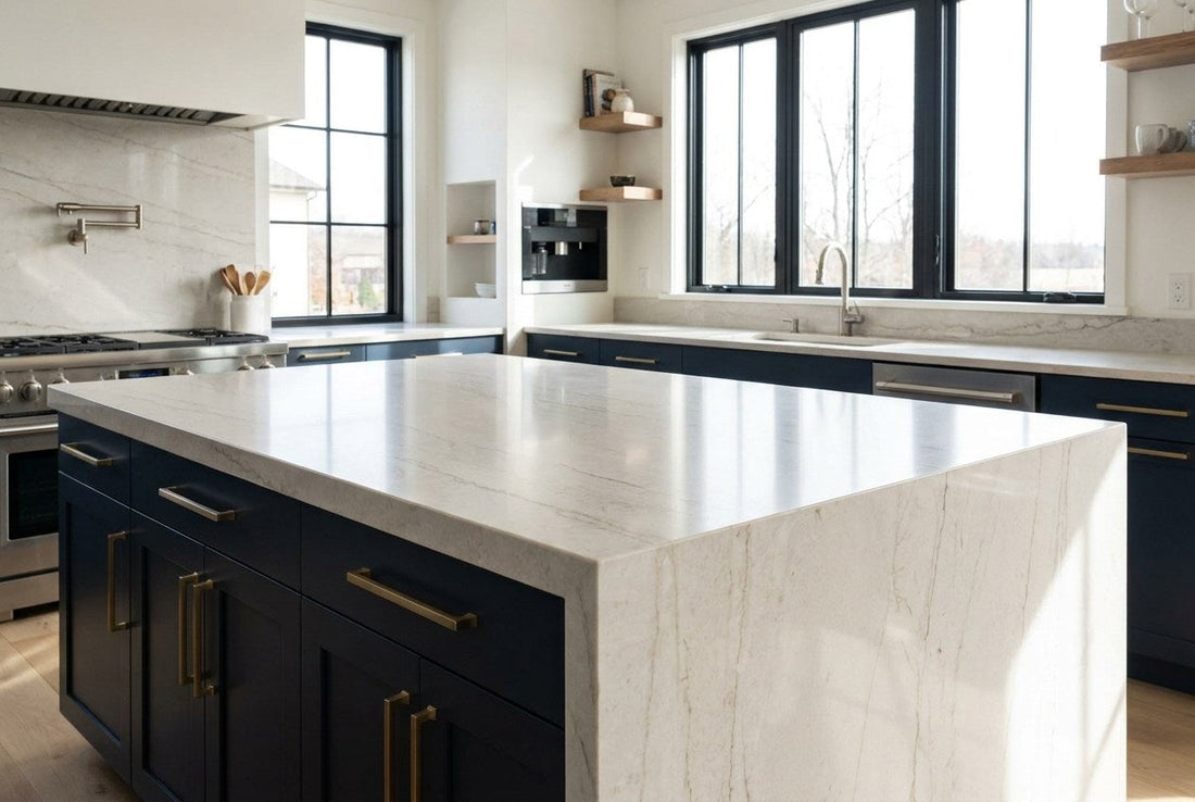 A modern American kitchen with a pale quartz waterfall countertop and navy cabinetry
