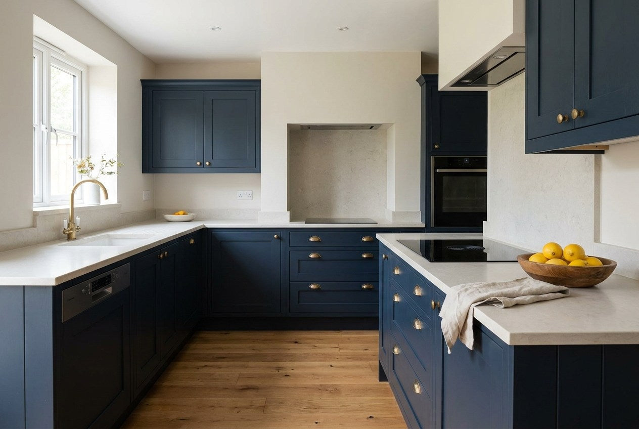 Fully fitted navy shaker kitchen with stone worktop and brass handles in a completed UK home