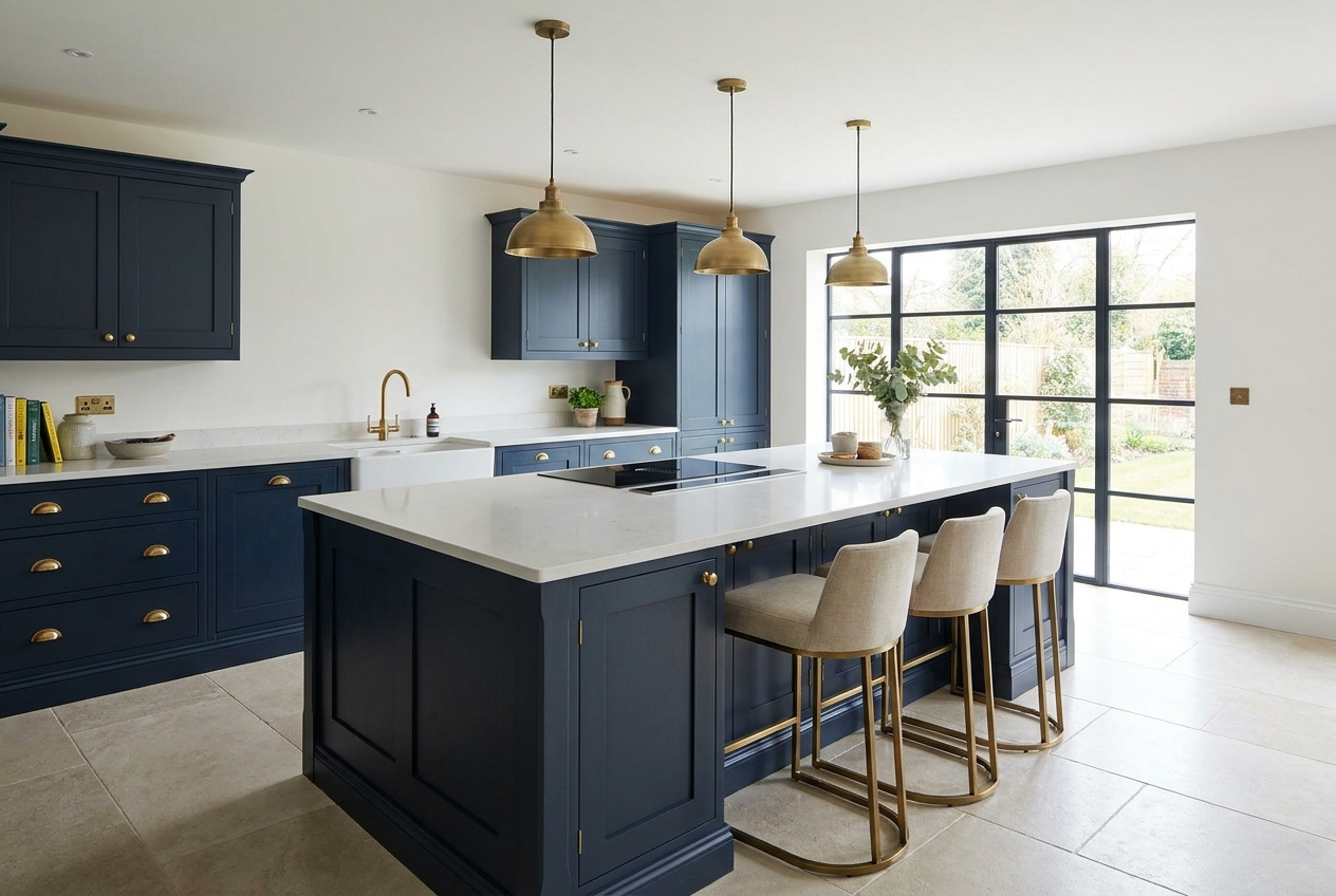Finished UK kitchen with a quartz-topped island, seating overhang, bar stools and navy shaker cabinetry