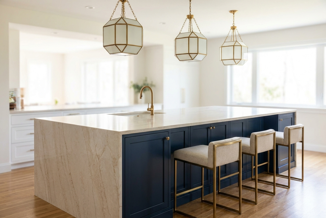 A modern US kitchen island with a navy base, waterfall quartz countertop, undermount prep sink, and brass pendant lighting over counter-stool seating