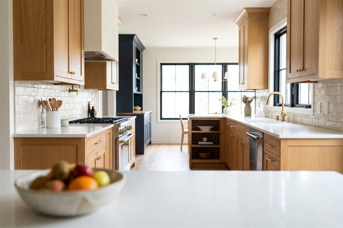 Remodeled American galley kitchen with two runs of shaker cabinetry and a tiled backsplash