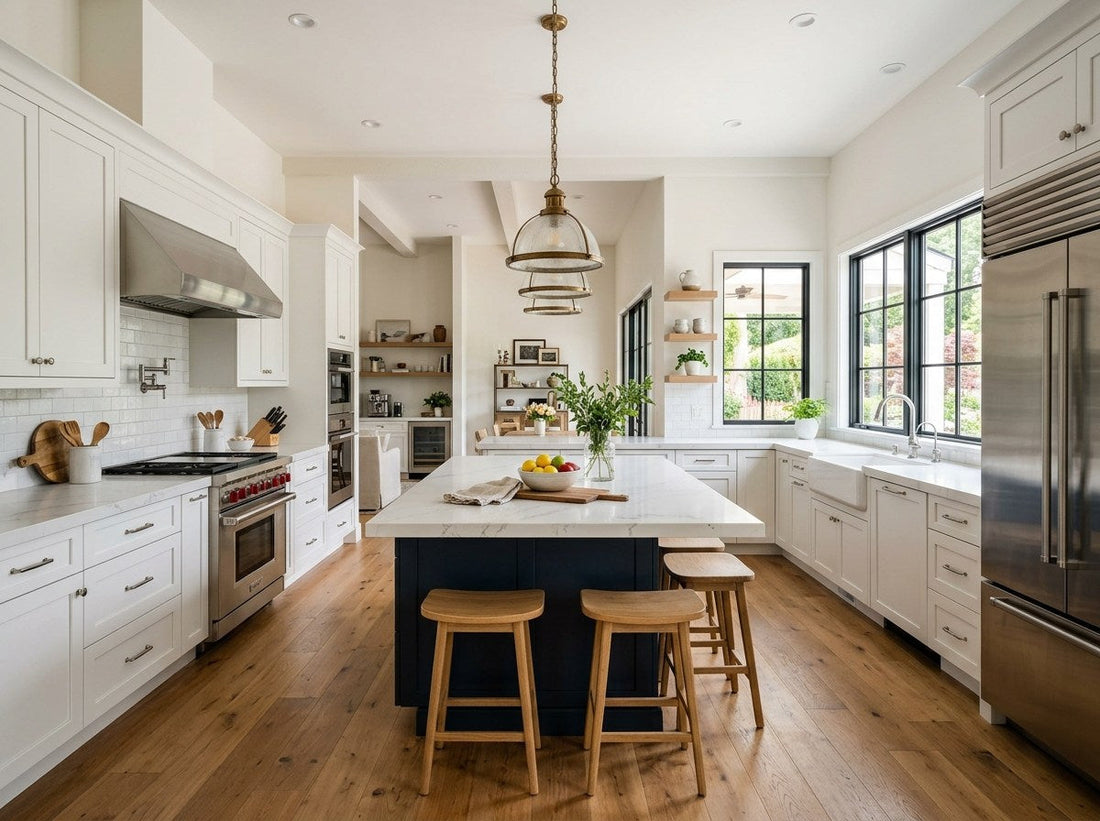 Renovated American kitchen with white shaker cabinets, a quartz island and stainless appliances