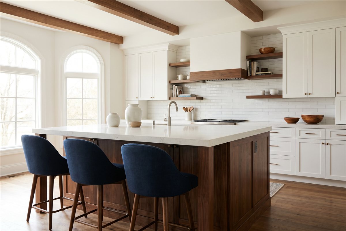 Remodeled American kitchen with a large island, white shaker cabinetry and quartz countertop