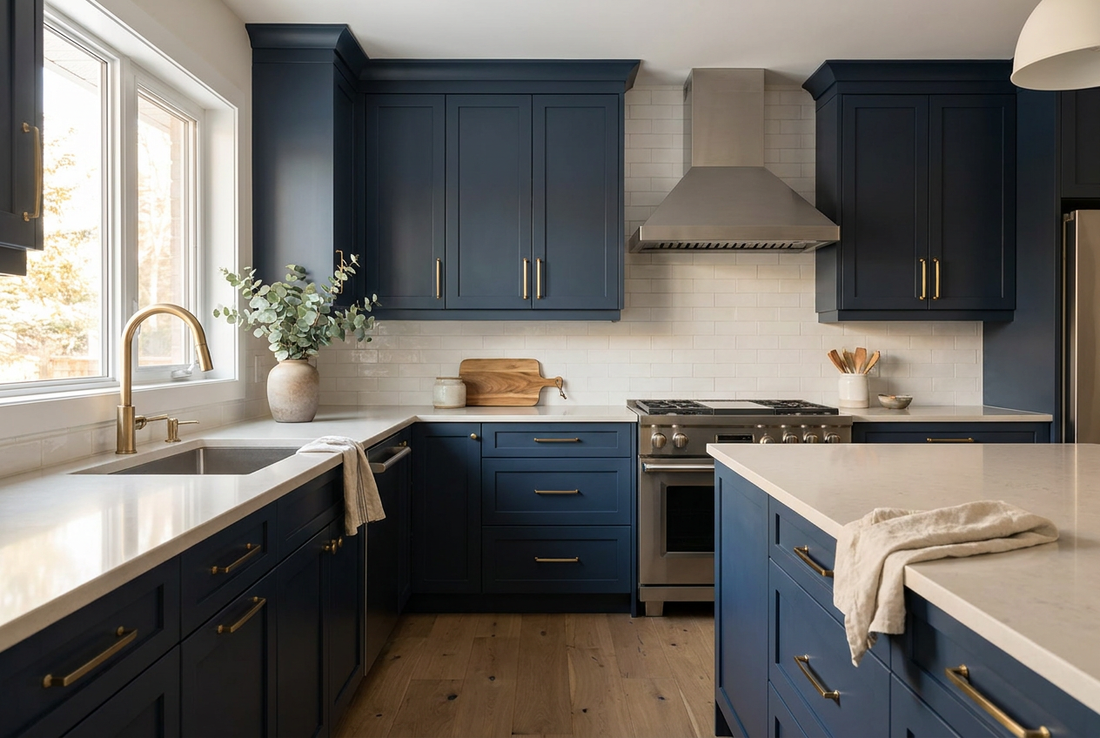 Renovated Canadian kitchen with navy shaker cabinetry, a quartz island, a stainless steel range and brushed brass faucet
