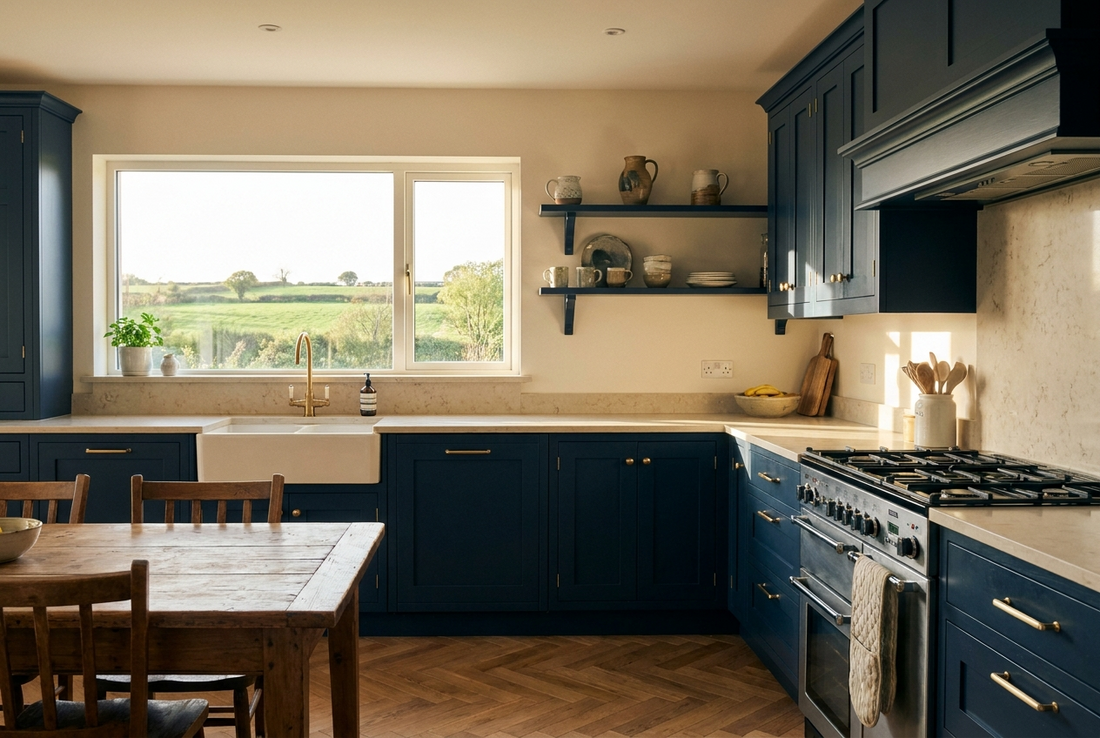 Modern Irish kitchen with navy shaker units, brushed brass handles, and a pale stone worktop and splashback