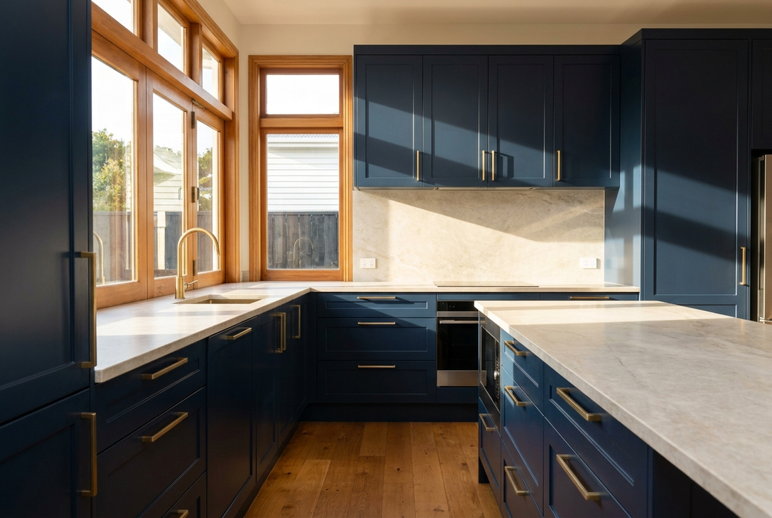 A modern New Zealand kitchen with navy shaker cabinetry, brass handles and a pale stone benchtop