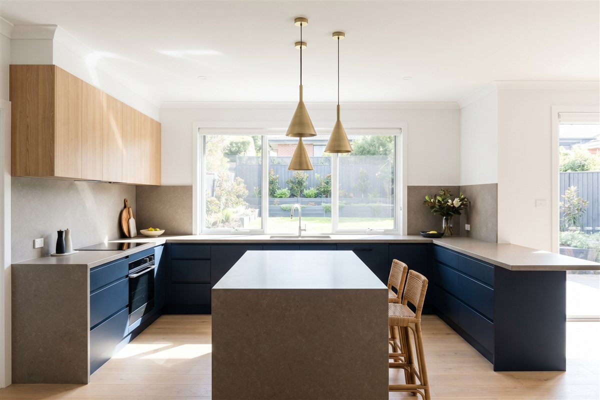 Renovated Australian U-shaped kitchen with stone benchtops, two-tone cabinetry and pendant lights