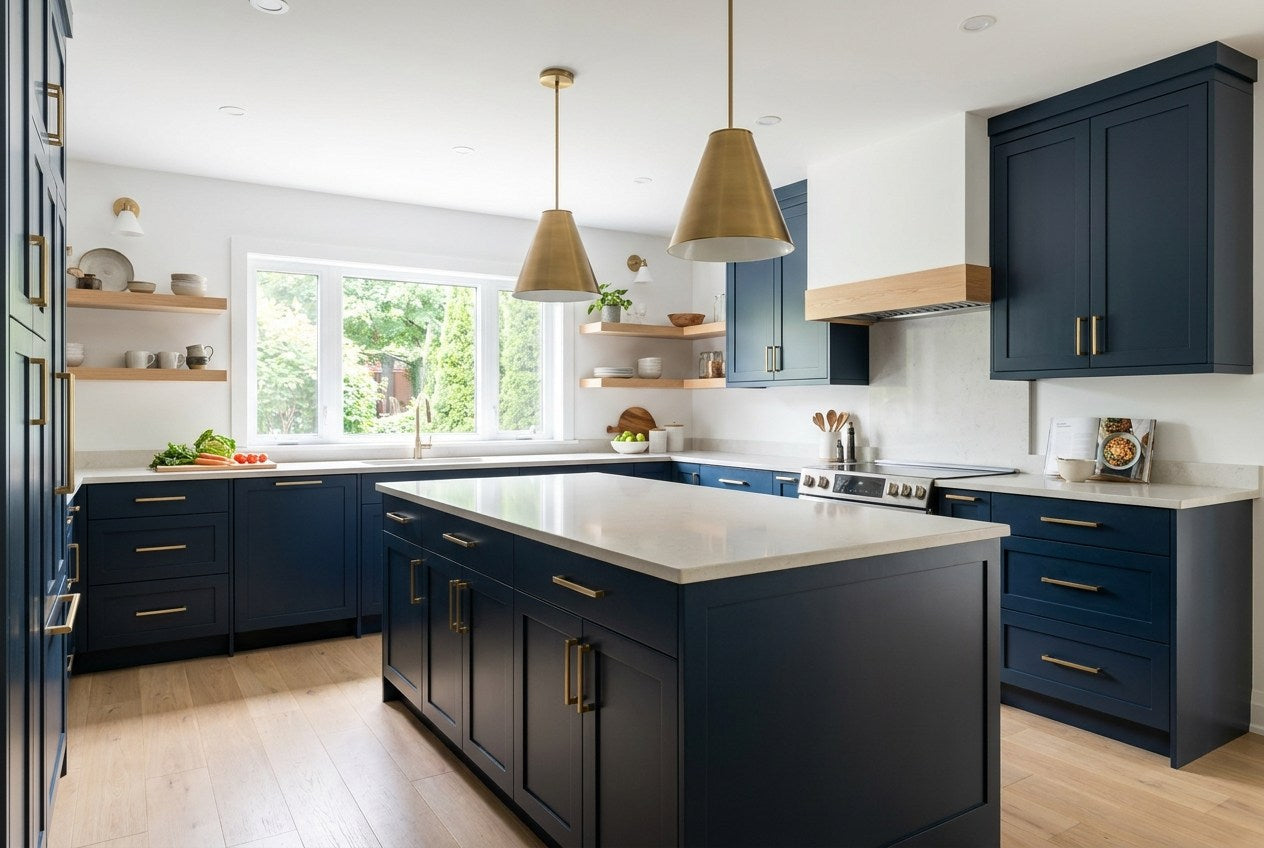 Renovated modern Canadian kitchen with navy cabinetry, brass pendant lights and a pale stone island