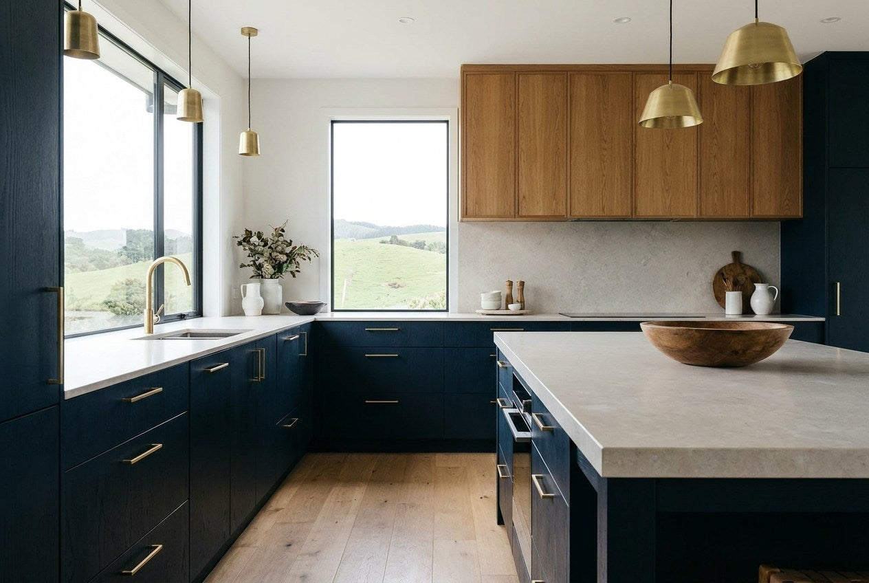 Renovated modern New Zealand kitchen with island benchtop and timber cabinetry