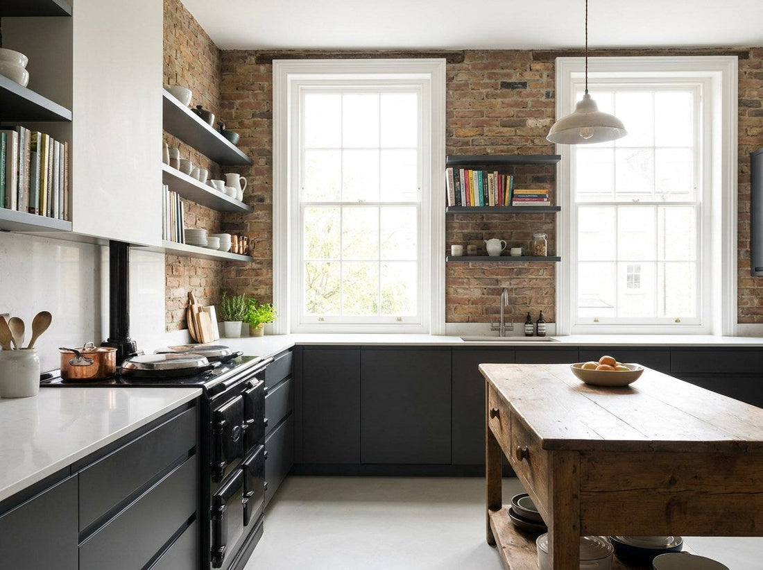 Renovated modern British kitchen with handleless cabinetry, quartz worktop and a range cooker