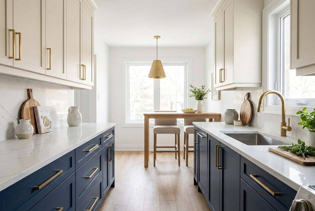 Renovated Canadian galley kitchen with navy lower cabinetry, brass handles and a marble-look worktop