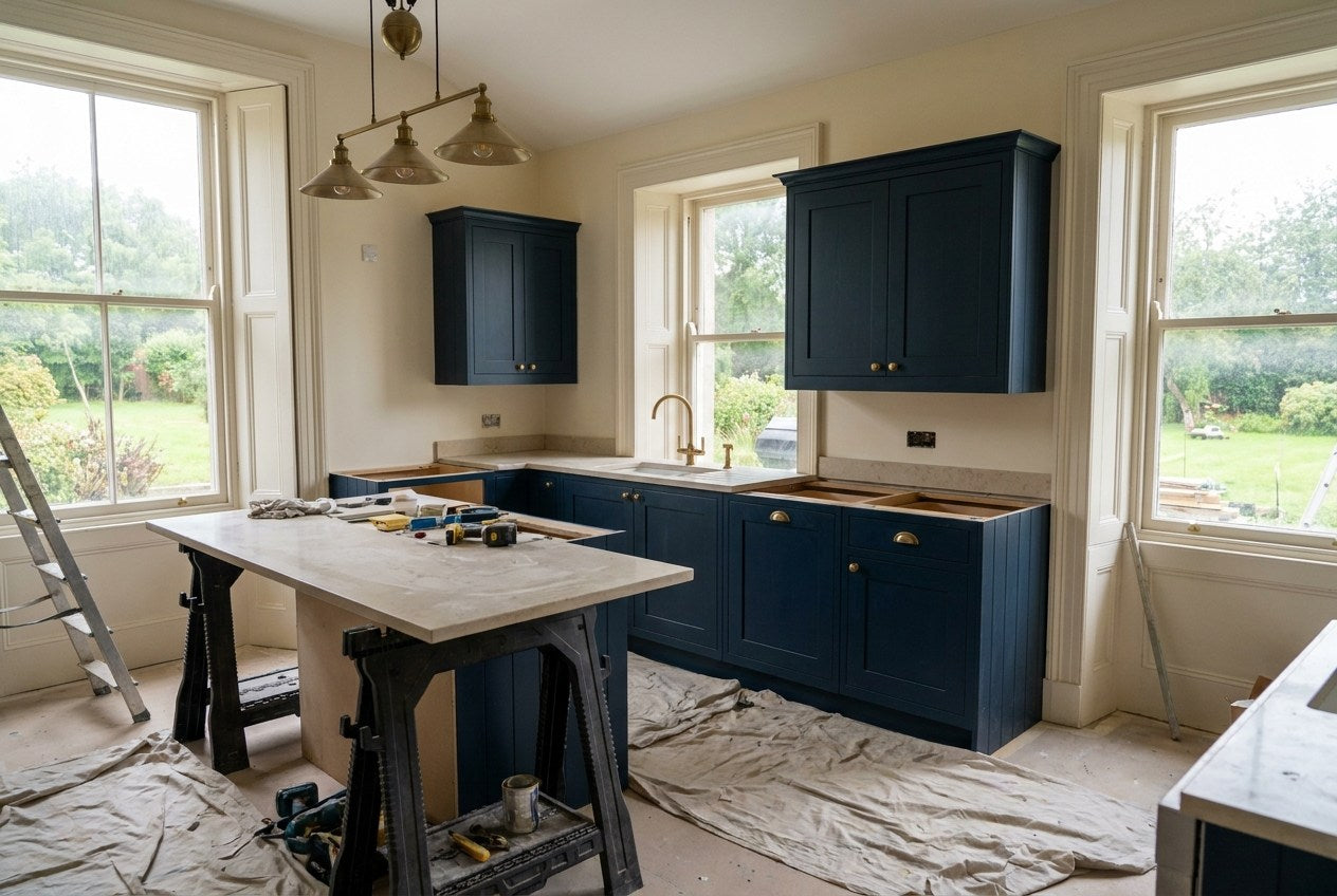 Irish kitchen renovation in progress showing units and worktop being fitted