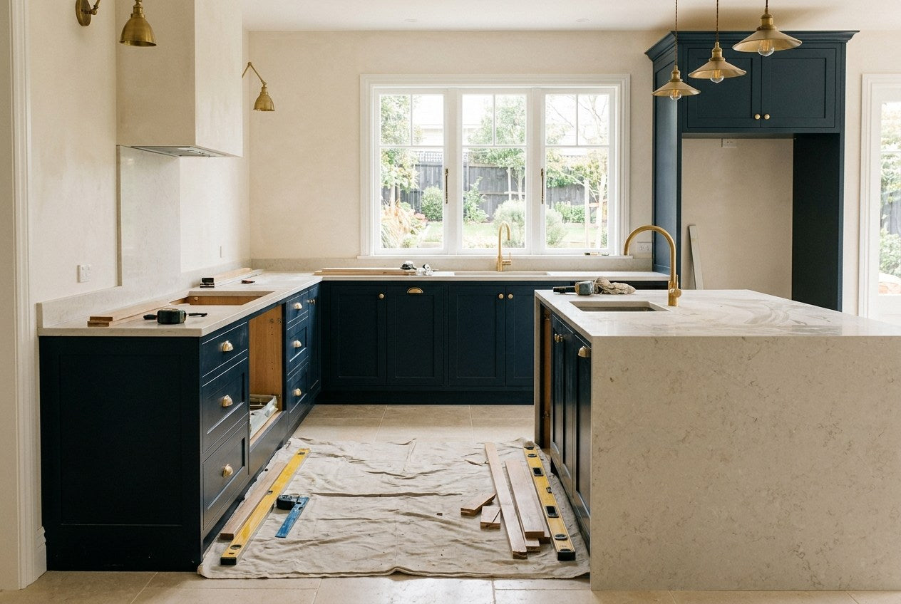 New Zealand kitchen renovation in progress showing cabinetry installation