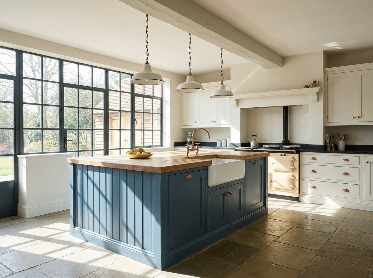 Renovated British shaker kitchen with a painted island, wooden worktop and pendant lighting