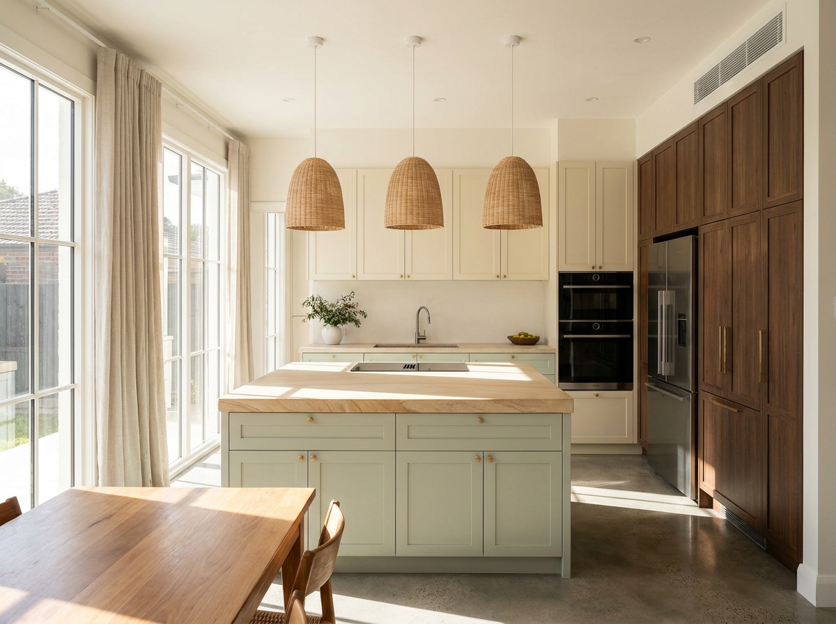Renovated Australian kitchen with a stone island benchtop, two-tone cabinetry and pendant lights