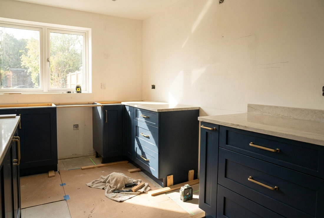 Canadian kitchen near the end of renovation with newly installed navy cabinets, a pale stone countertop and brushed brass hardware