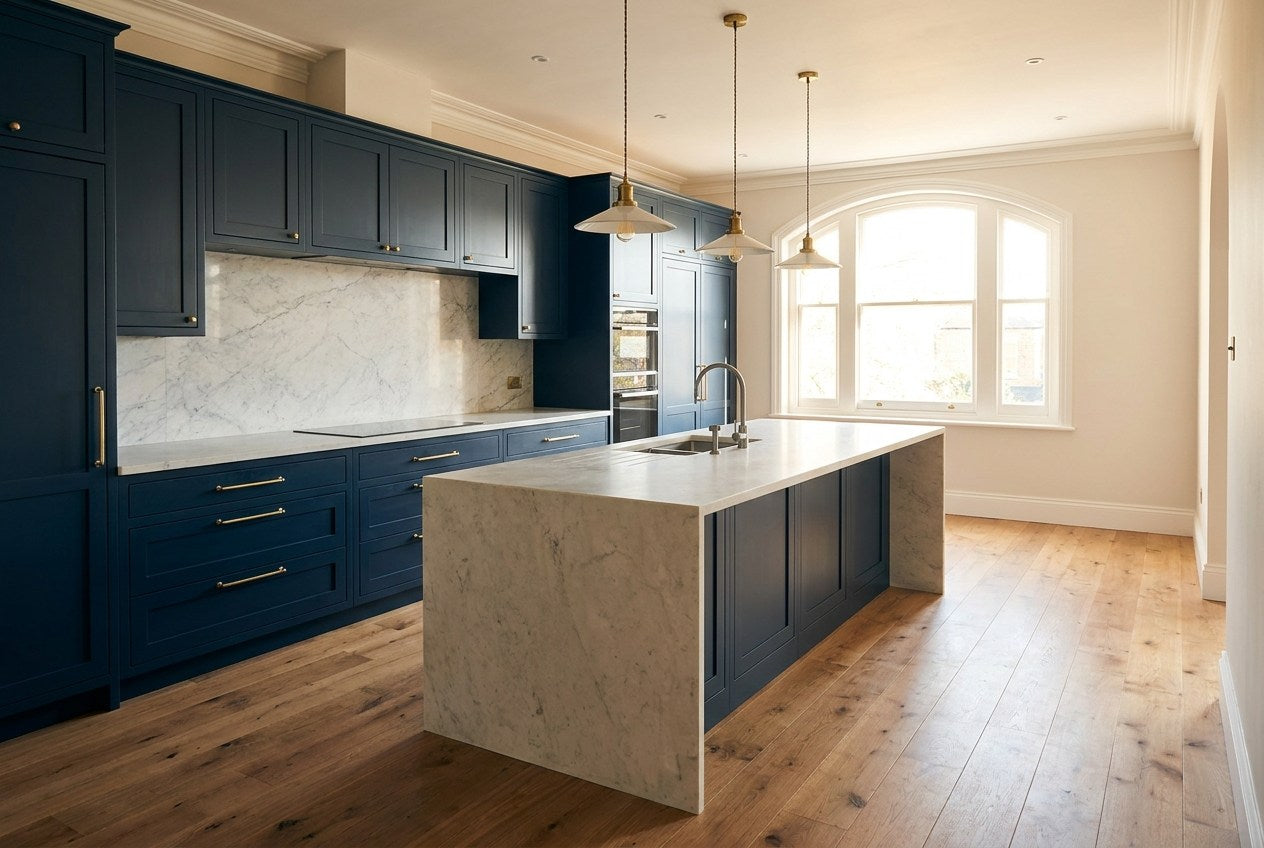 Renovated kitchen with navy cabinetry, brass handles and a pale stone benchtop