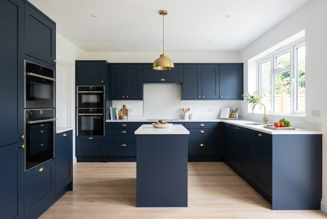 Renovated open-plan British kitchen with navy units, brass handles, a quartz worktop and matching splashback