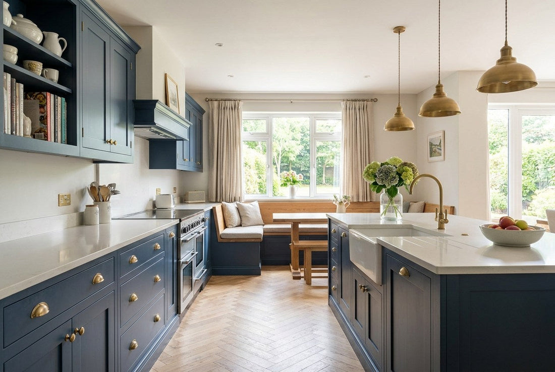 Finished Irish kitchen renovation with navy shaker cabinetry, brass hardware and pale stone worktop, representing the completed result of a well-planned kitchen renovation timeline