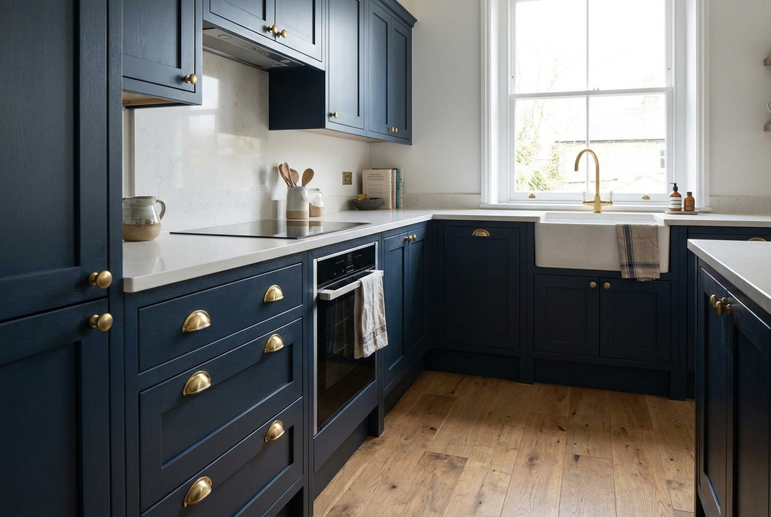 Renovated British kitchen with navy in-frame units, brushed brass handles, a quartz worktop and an integrated hob and oven