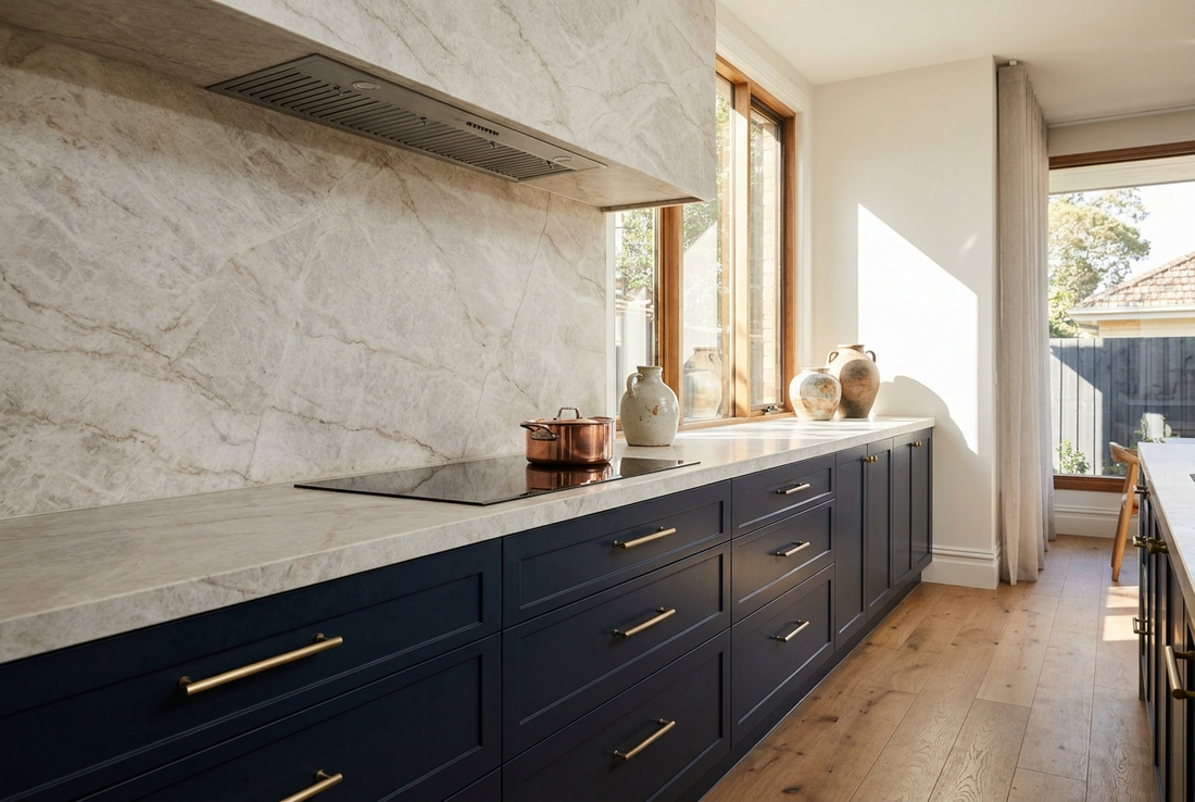 A modern Australian kitchen with a full-height stone slab splashback, navy cabinetry and brass handles