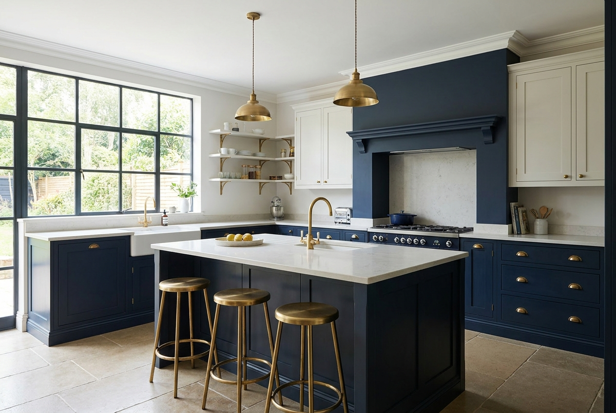 Modern British kitchen with navy units, brushed brass handles and a pale quartz worktop