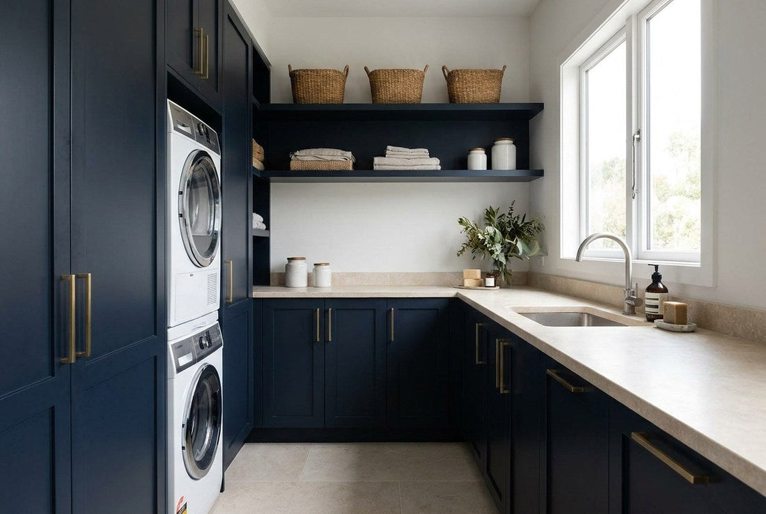A tidy organised New Zealand laundry with stacked washer and dryer, navy joinery and baskets