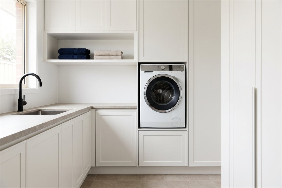 A renovated modern Australian laundry with custom cabinetry, a stone benchtop and an integrated front-loading washing machine.