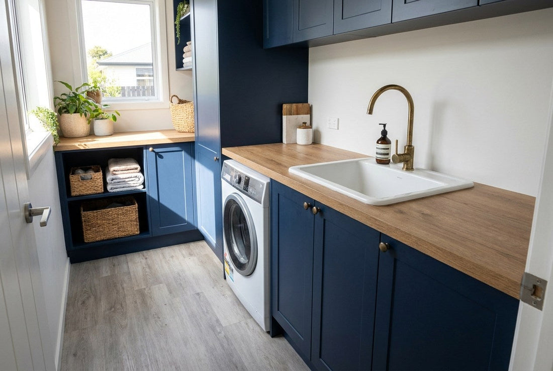 A compact New Zealand laundry with navy cabinetry and a timber-look benchtop