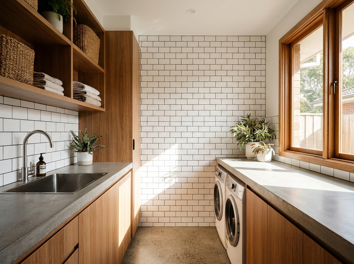 Renovated modern Australian laundry with custom cabinetry, stone benchtop and full-height tiling