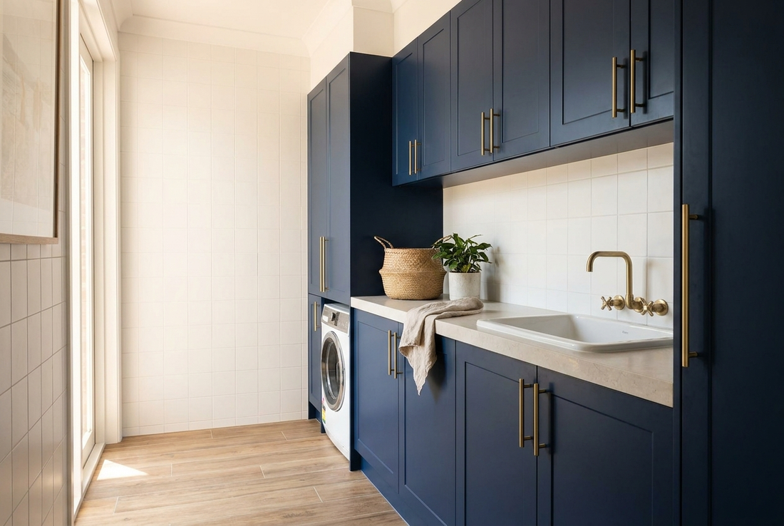 Renovated modern Australian laundry with navy cabinetry, a stone benchtop, an integrated washing machine and brushed brass tapware