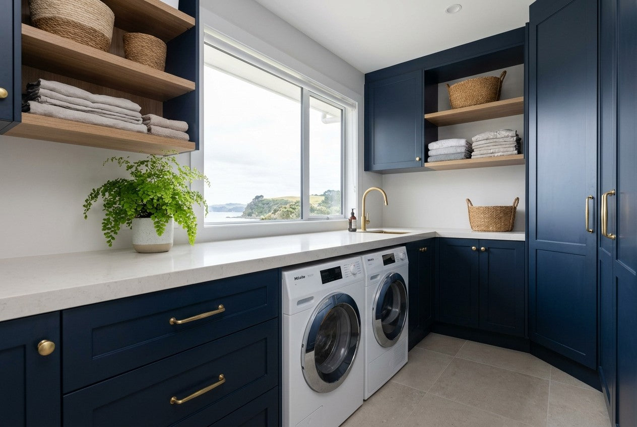 Fully finished New Zealand laundry renovation with navy cabinetry, brass hardware, integrated washer and dryer, and pale stone benchtop