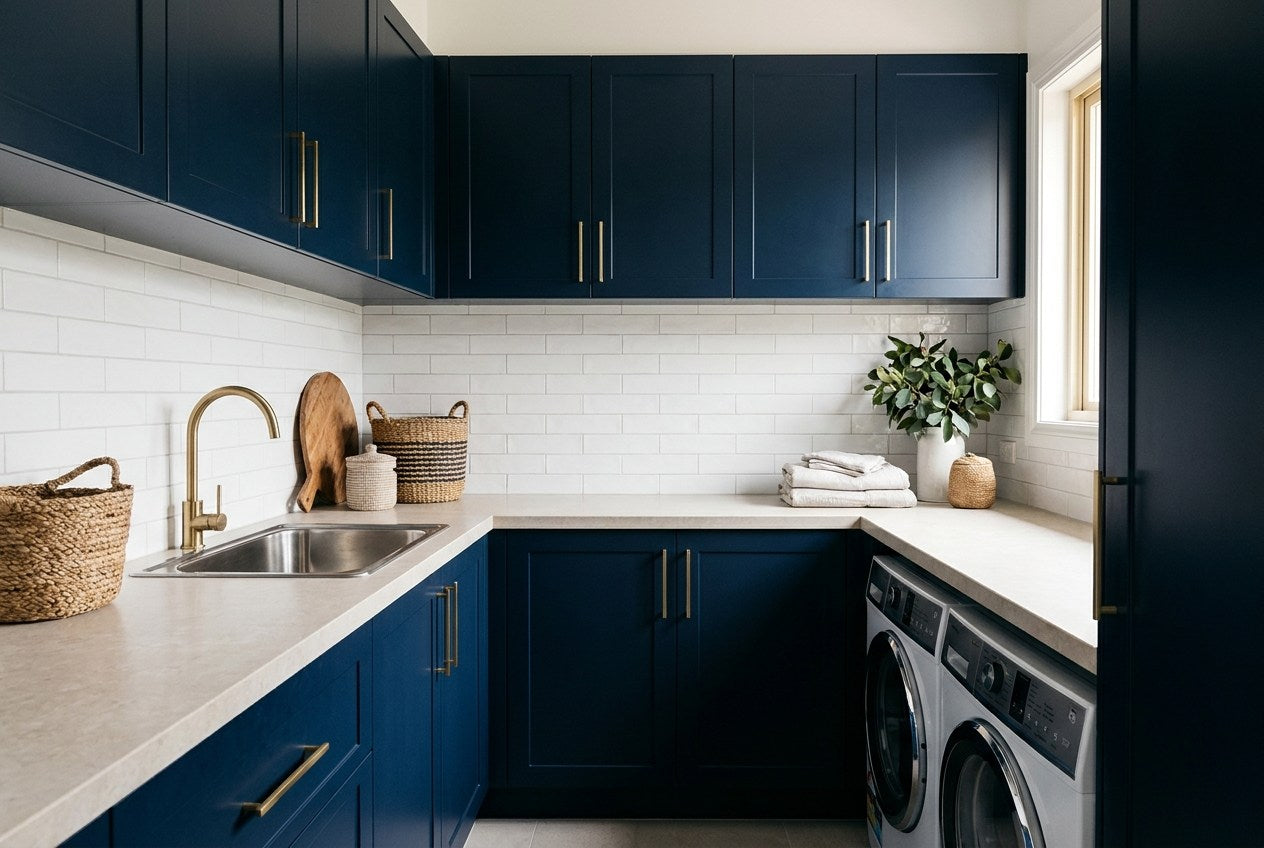 Renovated Australian laundry with navy cabinetry, brass tapware and a pale stone benchtop