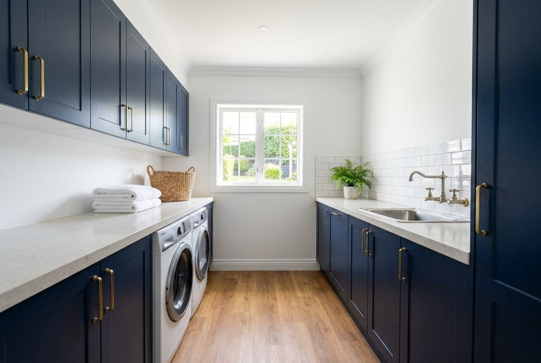 Fully renovated New Zealand laundry with navy cabinetry, brass handles, pale stone benchtop, washer and dryer pair and stainless tub
