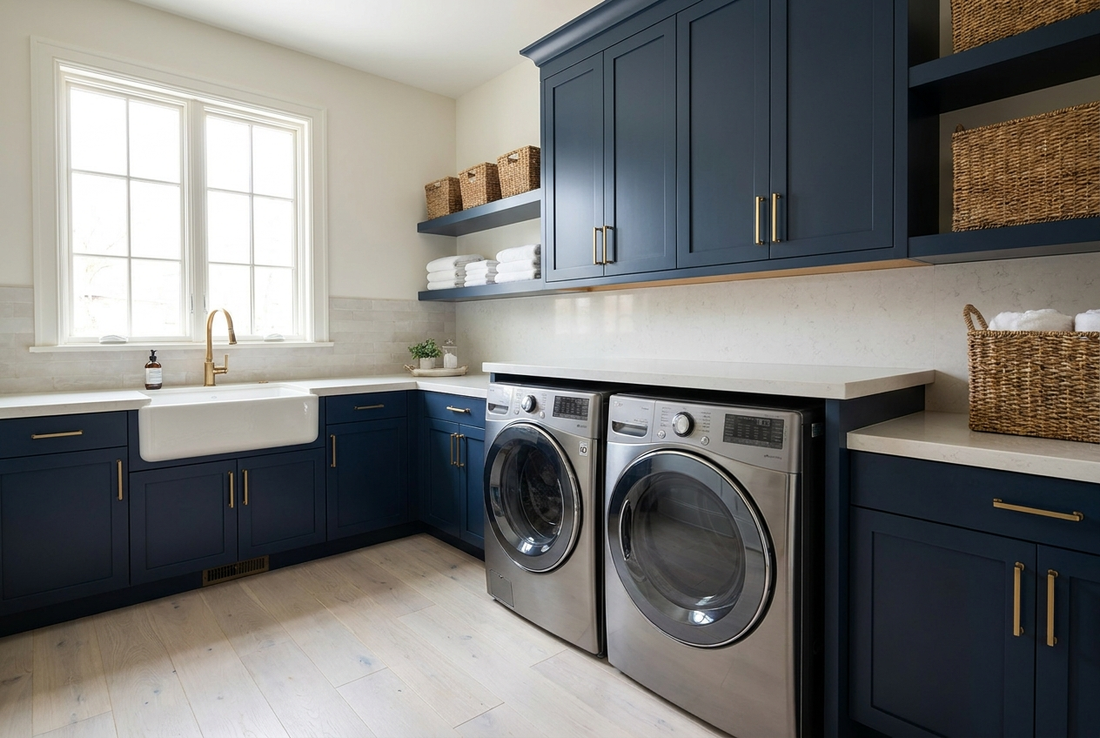 Modern American laundry room with a side-by-side washer and dryer, navy cabinetry, brass hardware and a folding countertop