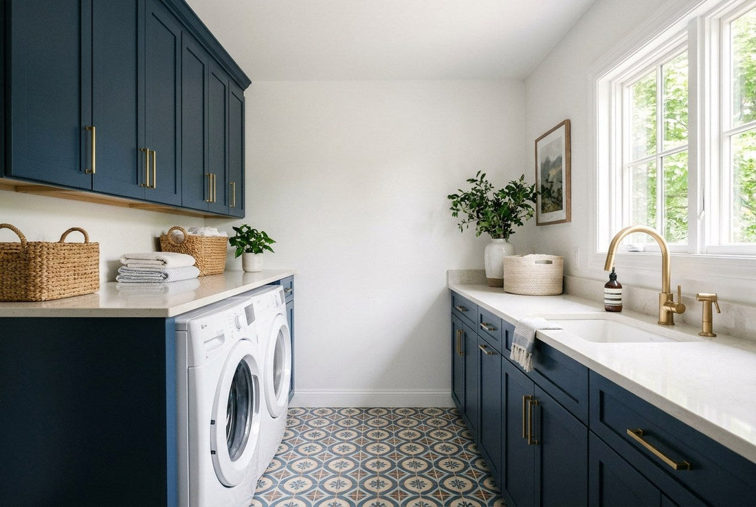 Renovated American laundry room with navy cabinetry, brass handles and a front-load washer and dryer