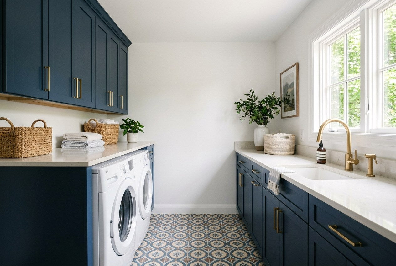 Renovated American laundry room with navy cabinetry, brass handles and a front-load washer and dryer