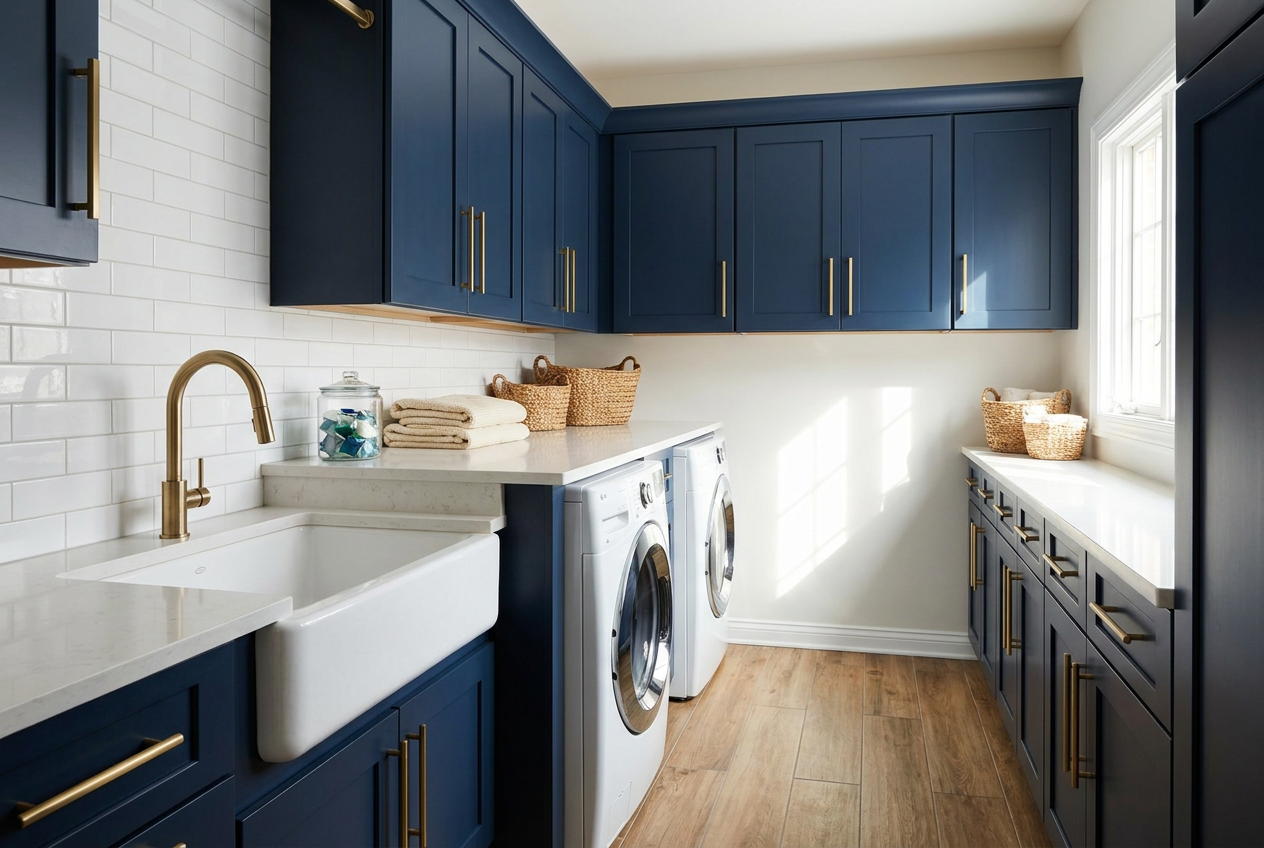 Renovated American laundry room with navy cabinetry, a quartz folding counter, a front-loading washer and dryer and a utility sink