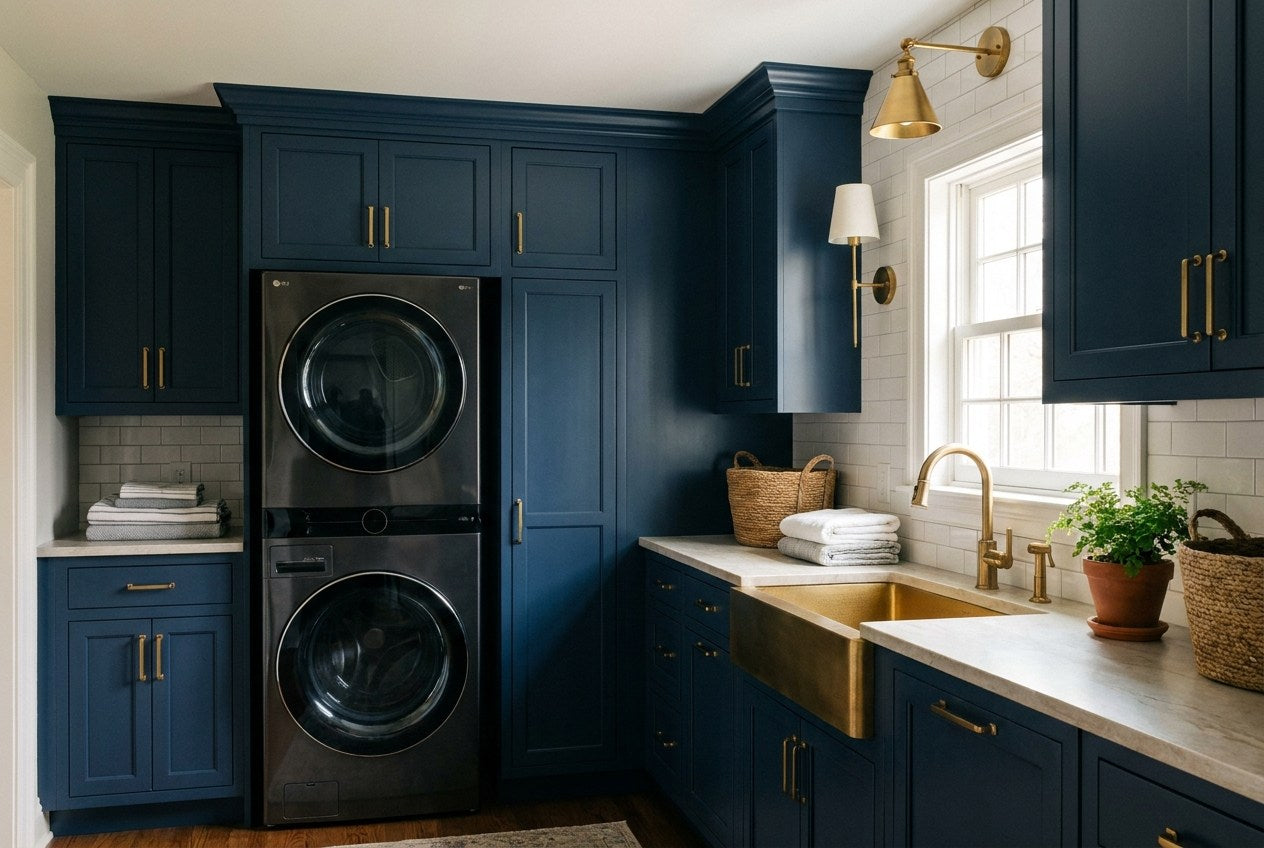 Renovated American laundry room with navy cabinetry and a stacked washer and dryer