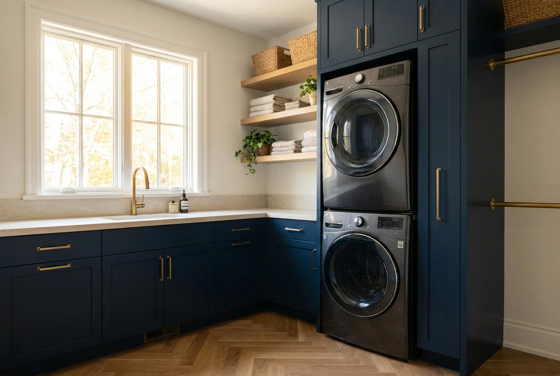 Modern American laundry room remodel with navy cabinetry, brushed brass hardware, pale stone countertop, and a side-by-side washer and dryer