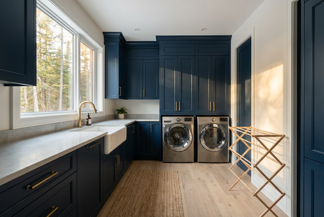 Modern Canadian laundry room with navy cabinetry, brushed brass hardware, pale stone countertop, and side-by-side washer and dryer