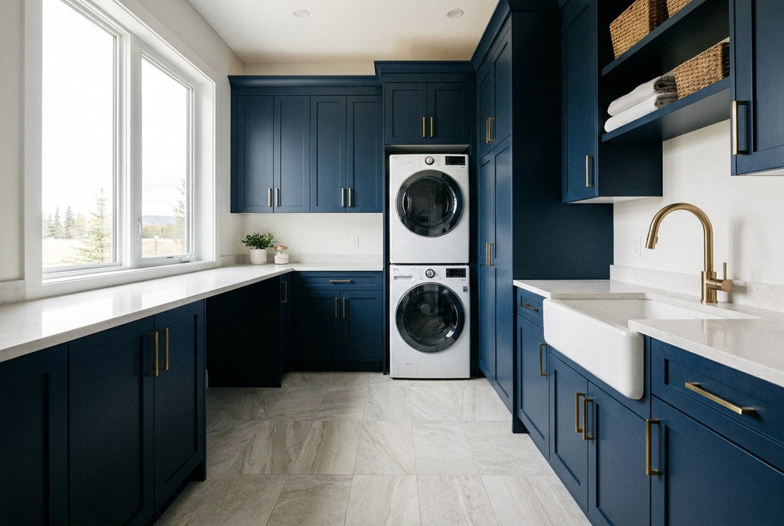 A Canadian laundry room with navy cabinetry, a quartz folding counter and a utility sink