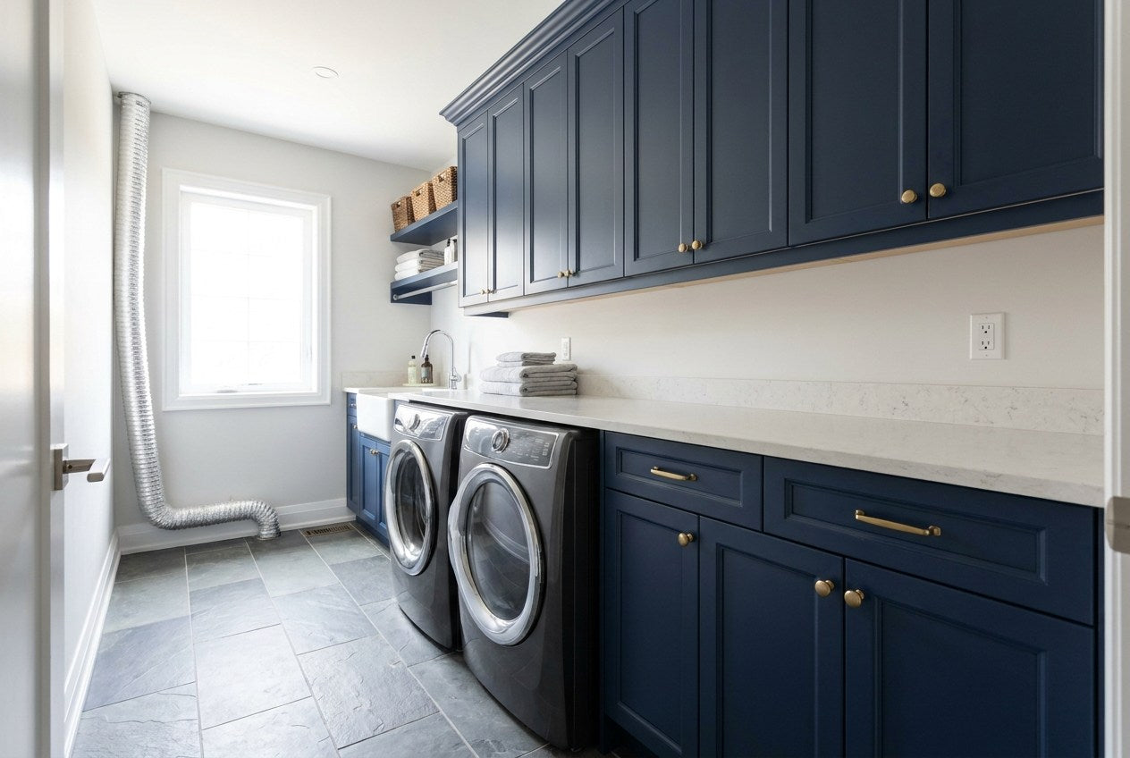 A Canadian laundry room with a washer and dryer and an exterior dryer vent