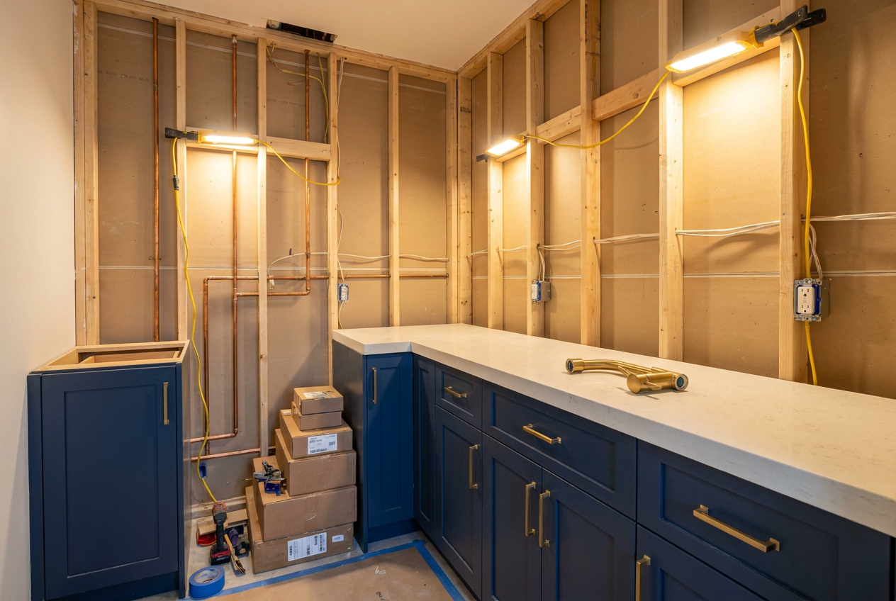 Canadian laundry room mid-renovation with exposed rough-in plumbing and electrical and partially installed navy cabinetry